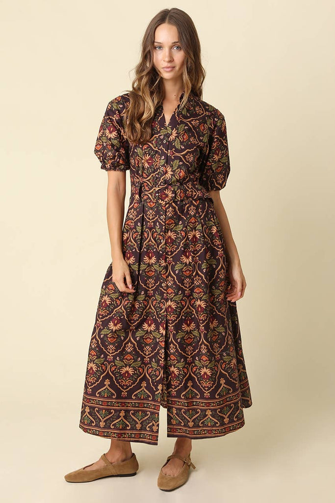 Lucy Paisley Puff Sleeve Midi Dress