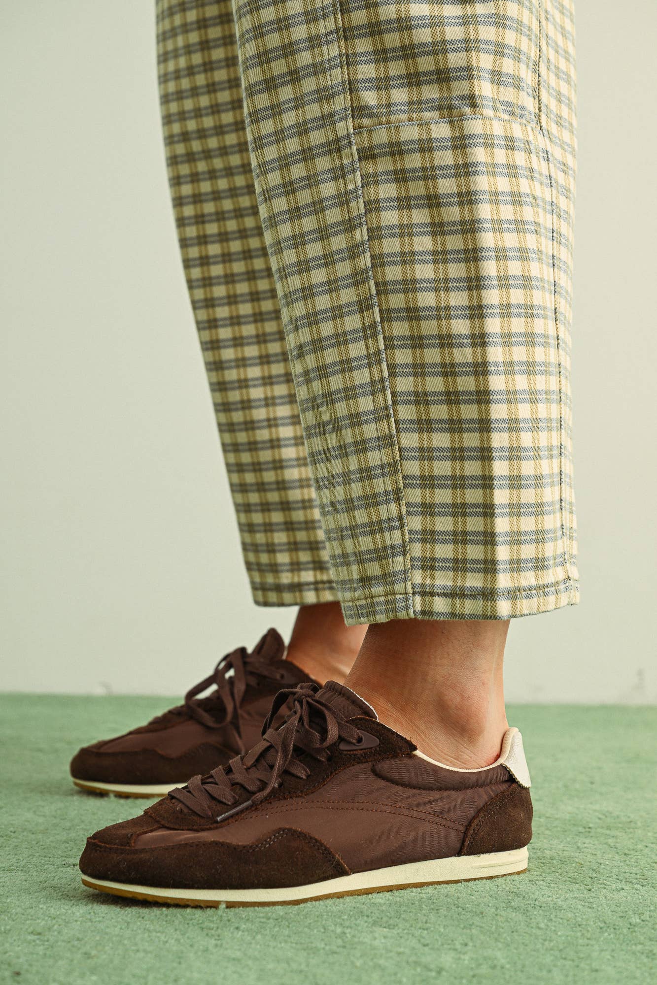 Mini Checker Pattern Barrel Pants in Olive Mist