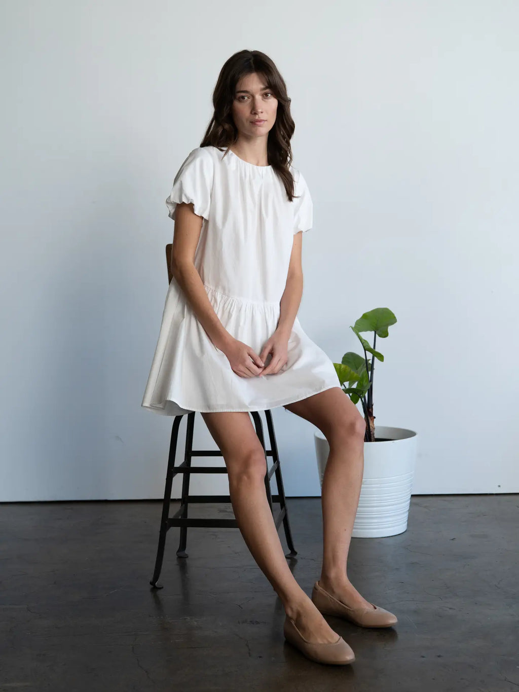 Ruched Neck Puff Short Sleeve Ruffled Mini Dress