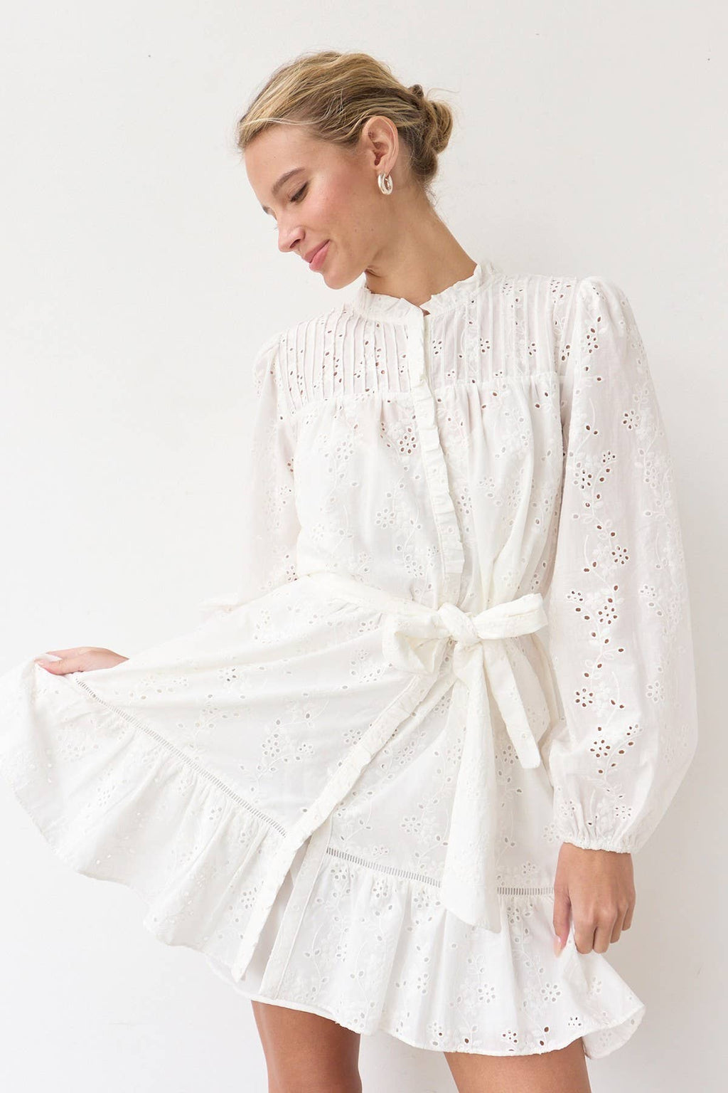 Ruffle Pintuck Dress With Tie