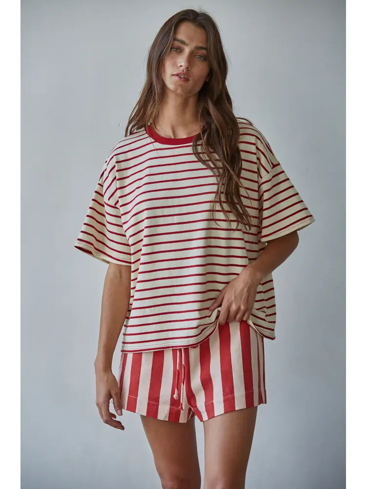 Striped Crew Neck Top in Natural Red