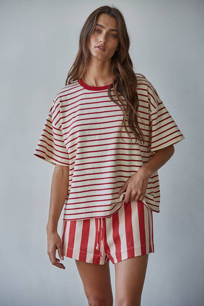 Striped Crew Neck Top in Natural Navy
