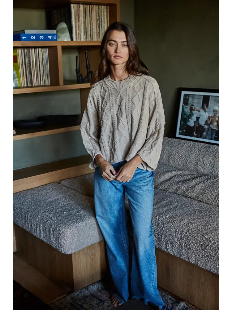 Knit Cable Pullover Sweater in Taupe