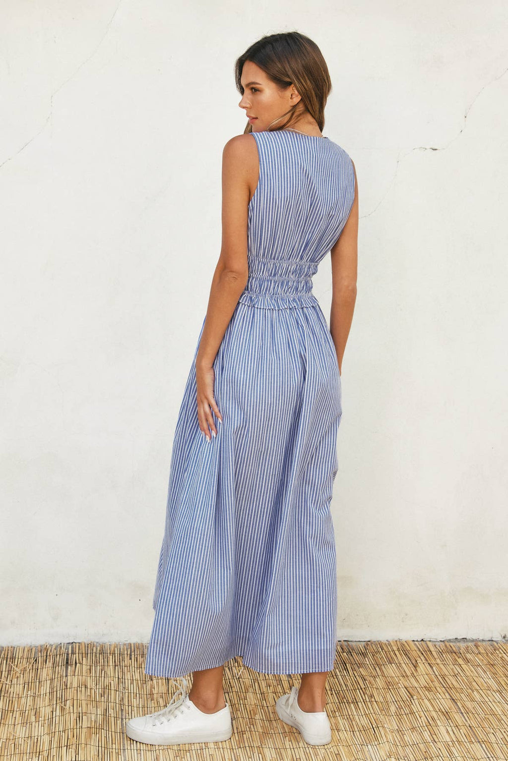 Striped Poplin Shirred Waist Midi Dress