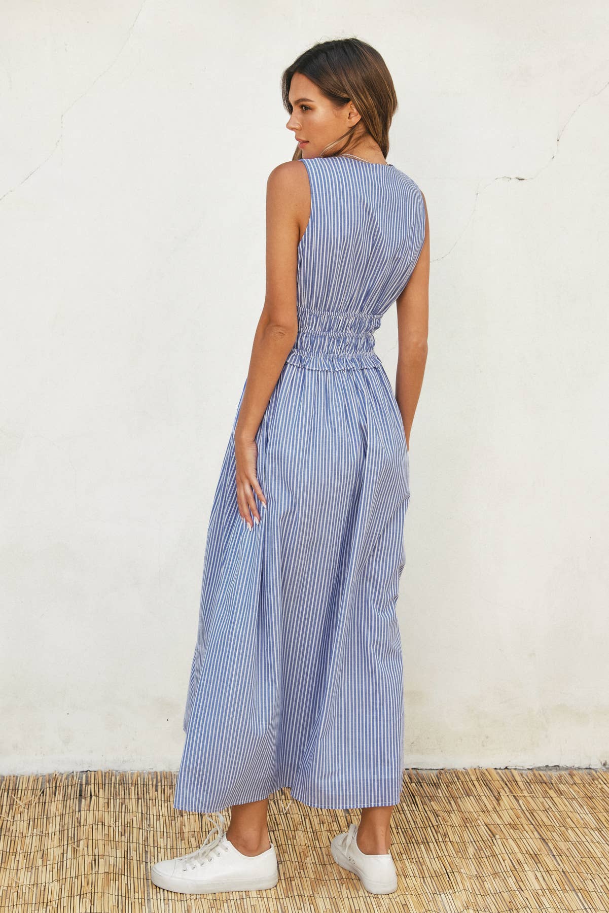 Striped Poplin Shirred Waist Midi Dress
