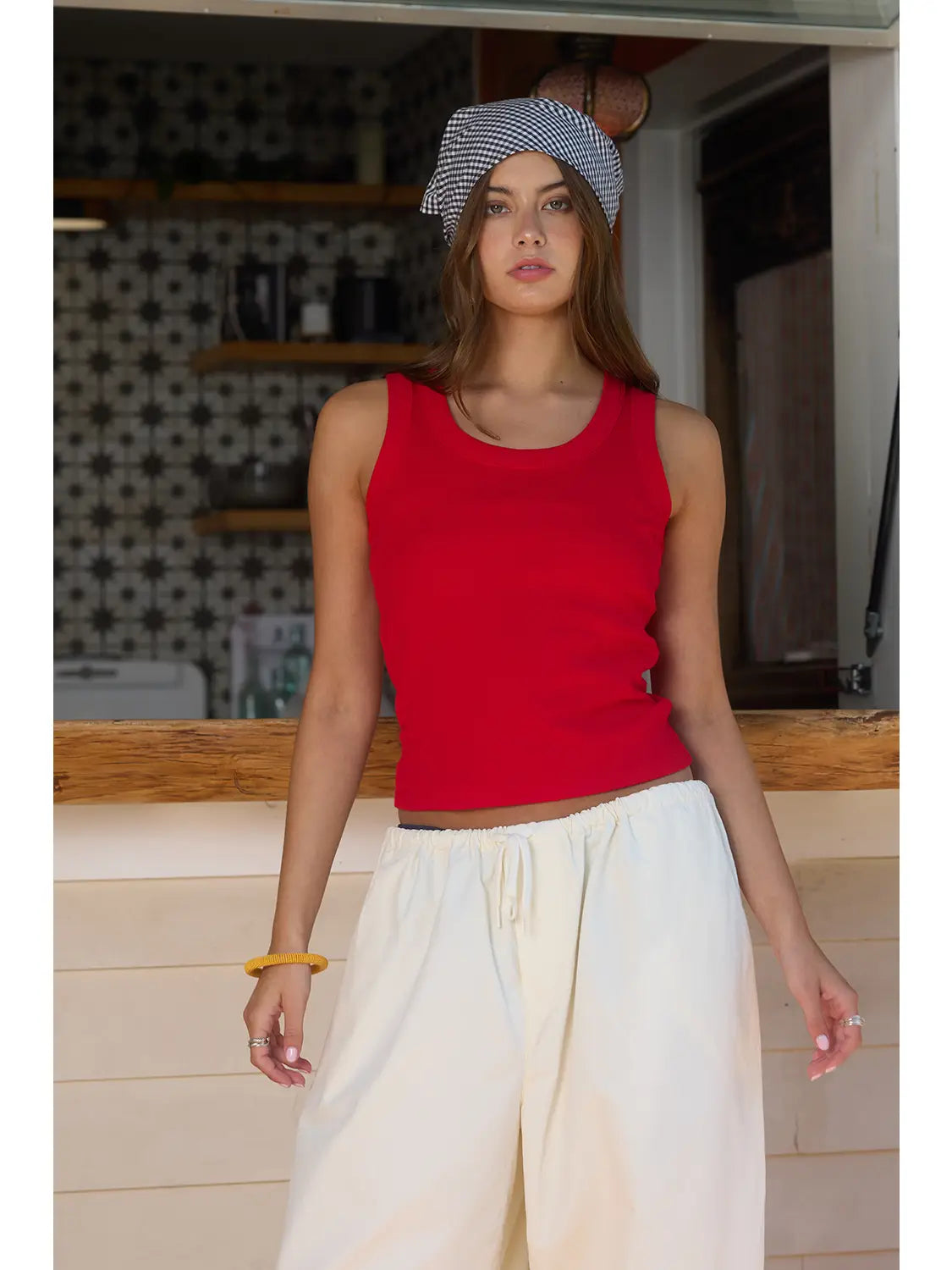 Ribbed Scoop-Neck Tank Top in Red