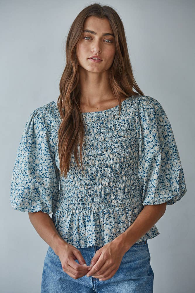 Floral Balloon Smocked Top