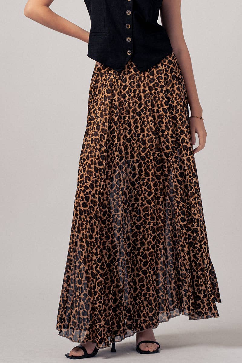 Leopard Print Pleated Midi Skirt