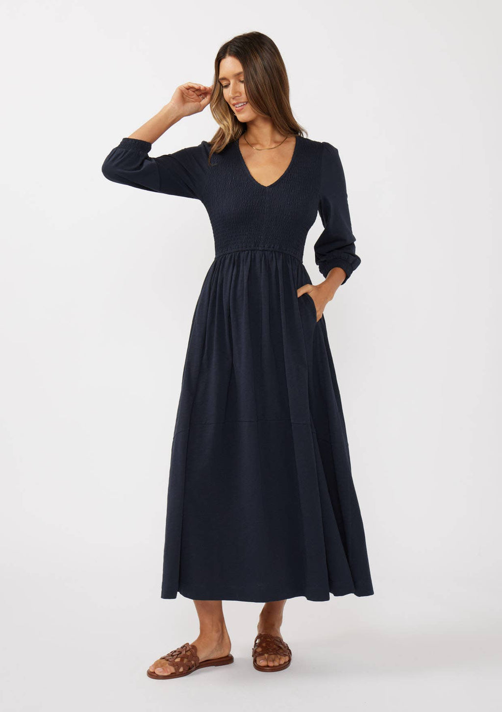 V-Neck Smocked Slub Knit Maxi Dress