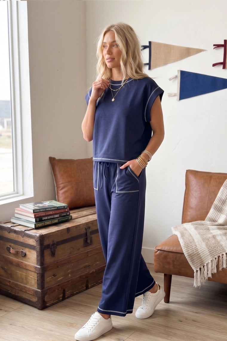 Scuba Contrast Stitch Lounge Set in Navy