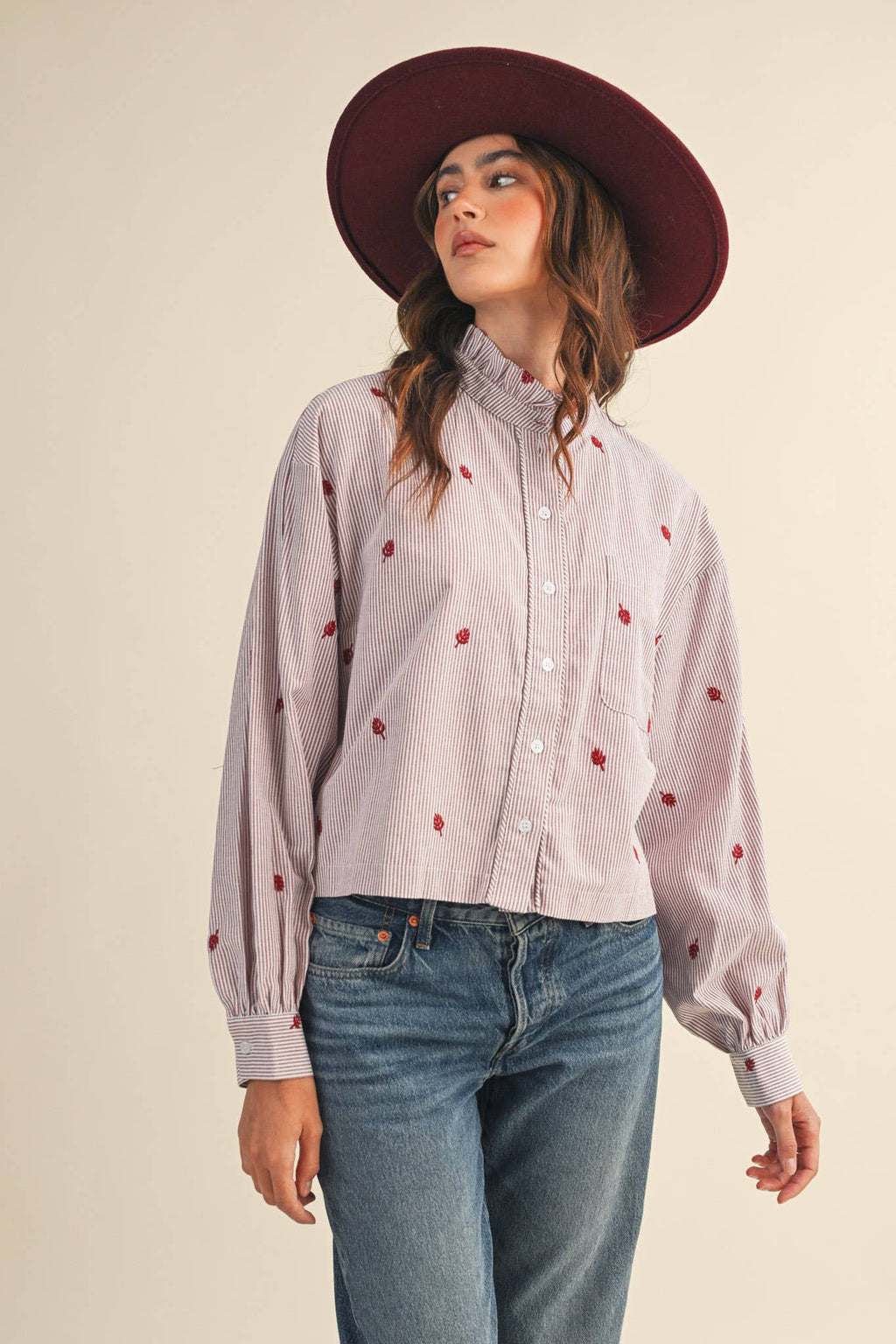 Embroidered Mock Neck Striped Button Up