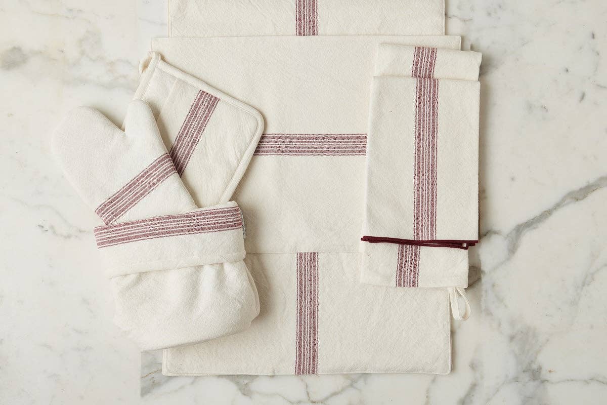 Vintage Merlot Red Stripe Kitchen Tea Towel