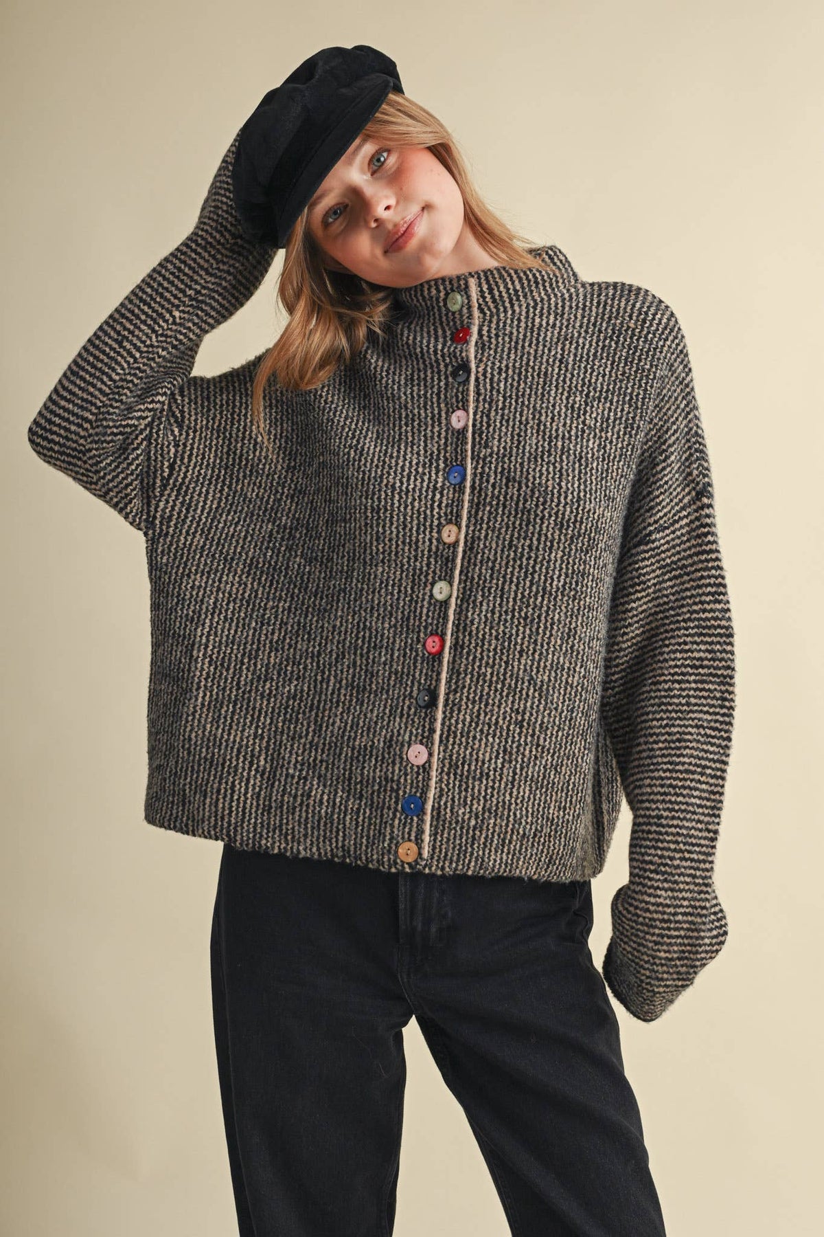 Striped Sweater Cardigan with Colorful Buttons
