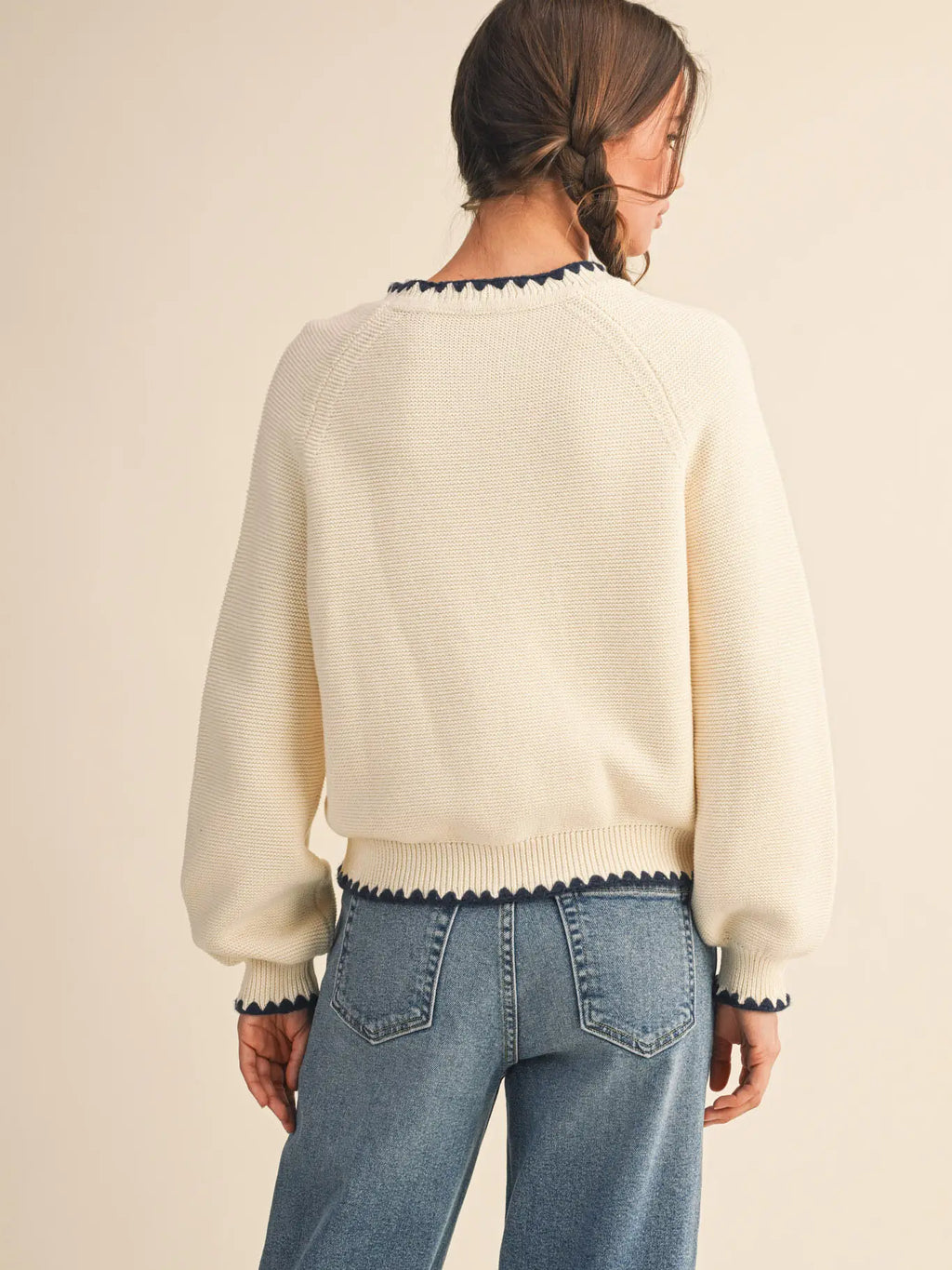 Contrast Stitch Puff Sleeve Sweater