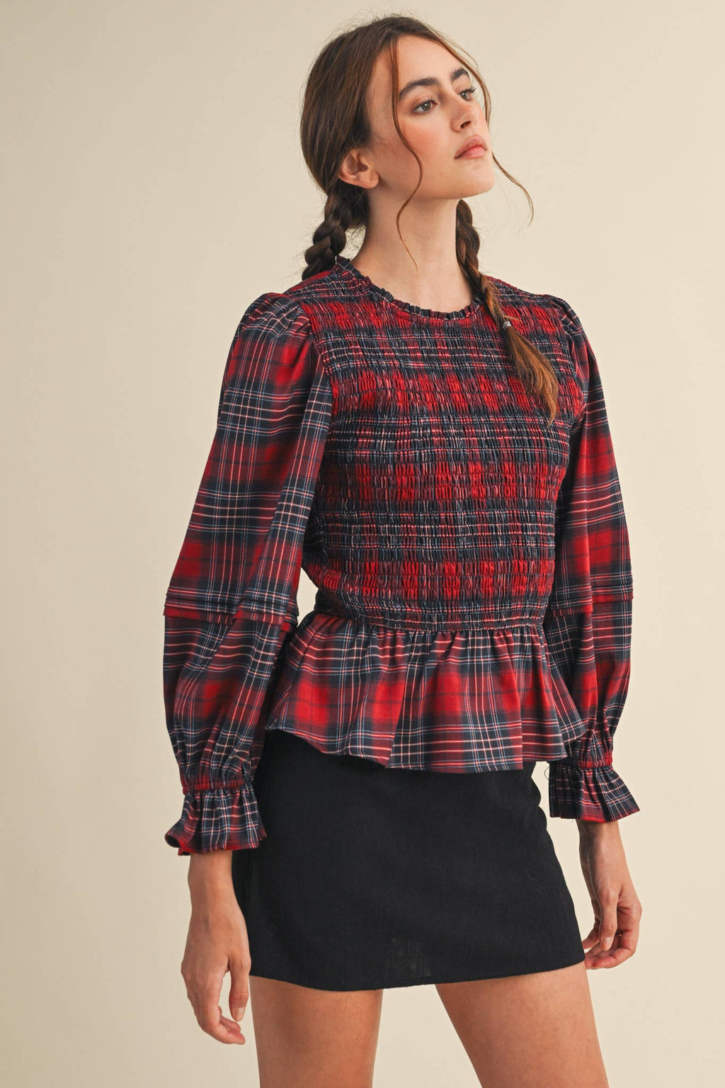 Smocked Plaid Puff Sleeve Peplum Top