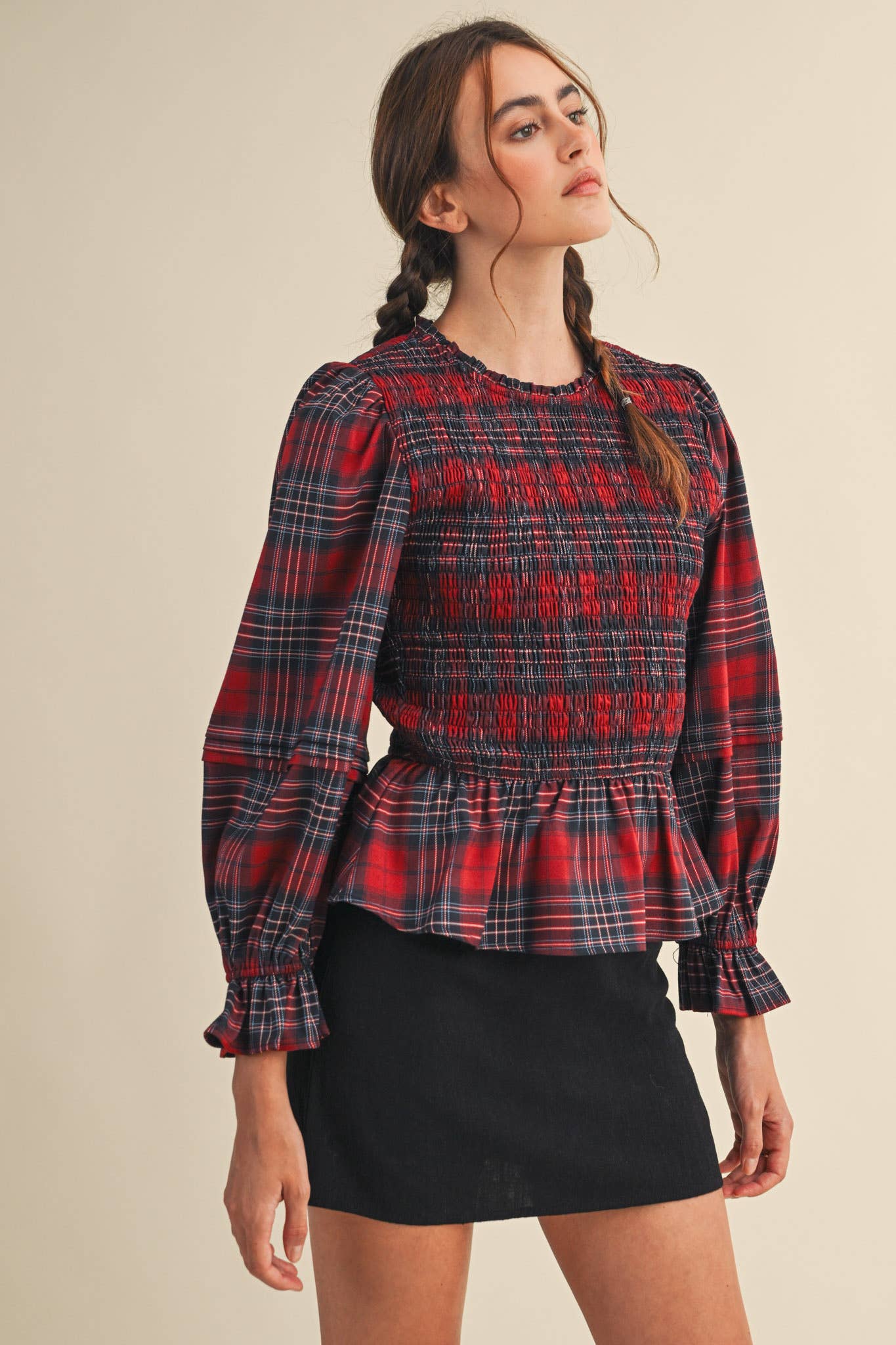 Smocked Plaid Puff Sleeve Peplum Top