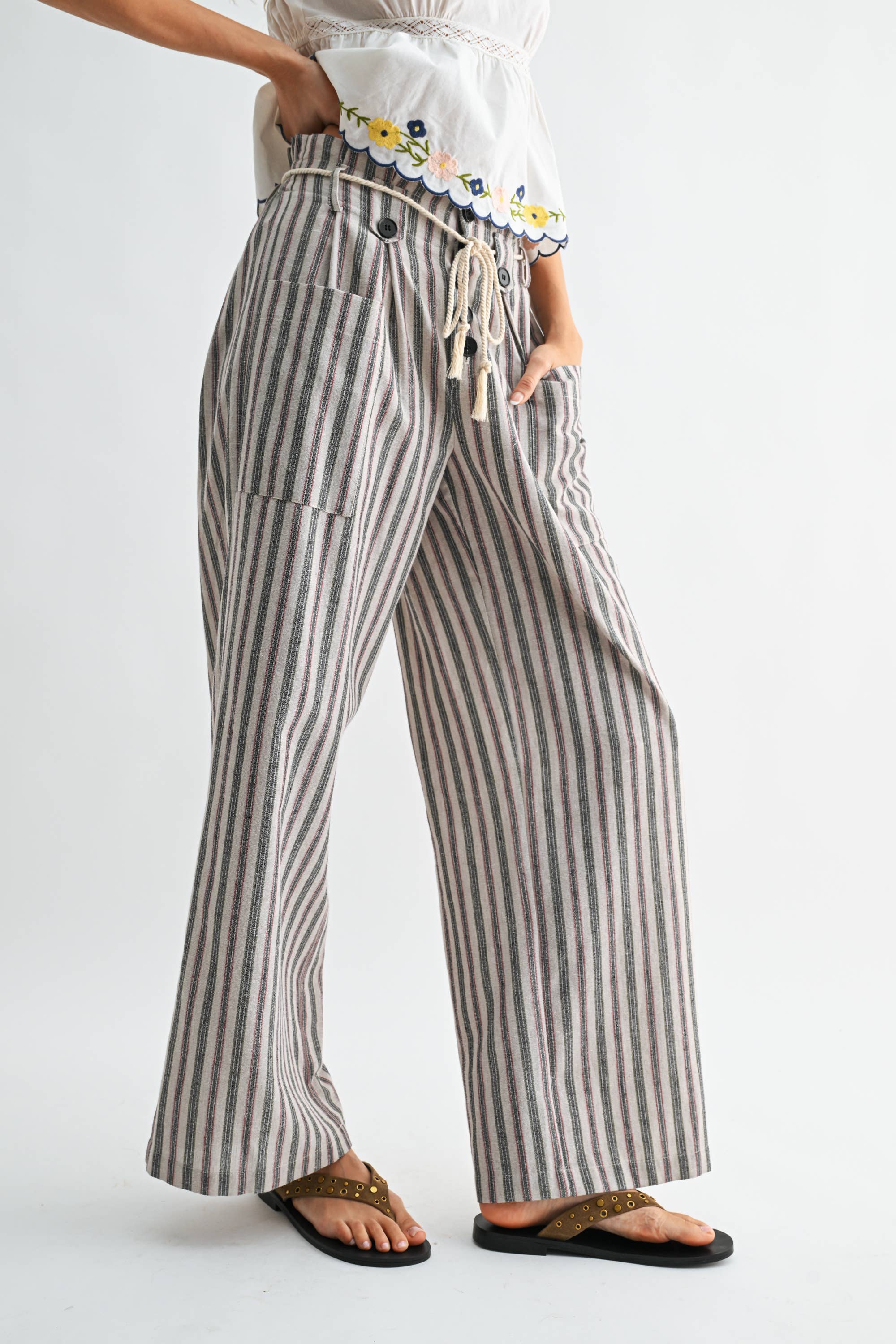 Drawstring Striped Wide Leg Pants
