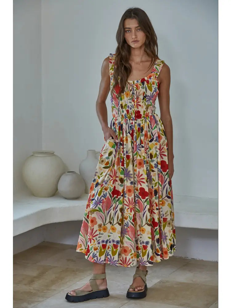 Spring Floral Smocked Midi Dress