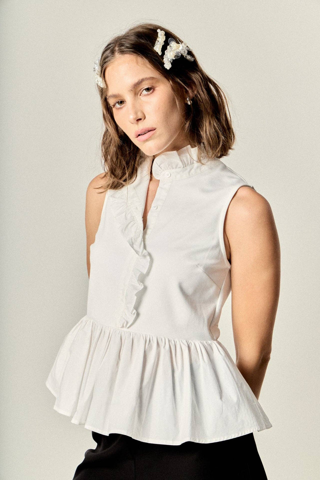 Sleeveless Ruffle Peplum Mixed Media Top