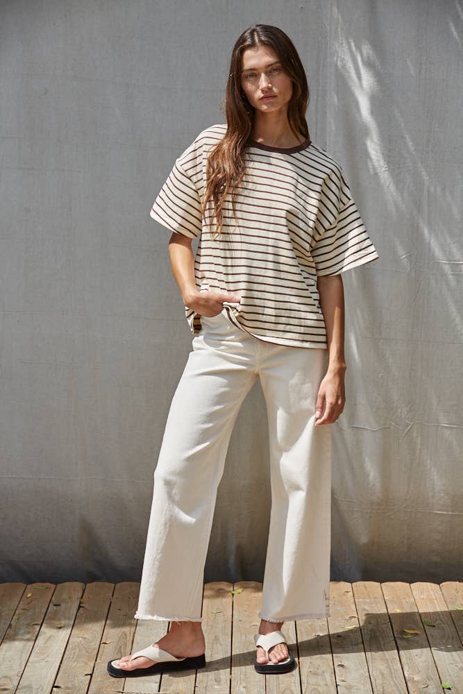 Striped Crew Neck Top in Natural Navy