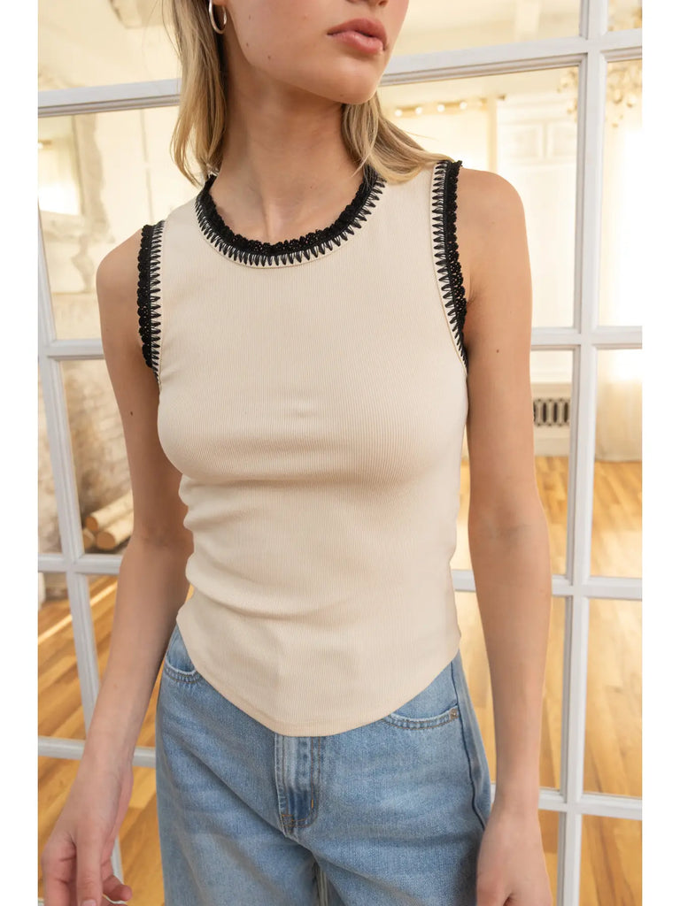Contrast Crochet-Trim Rib Tank Top in Cream