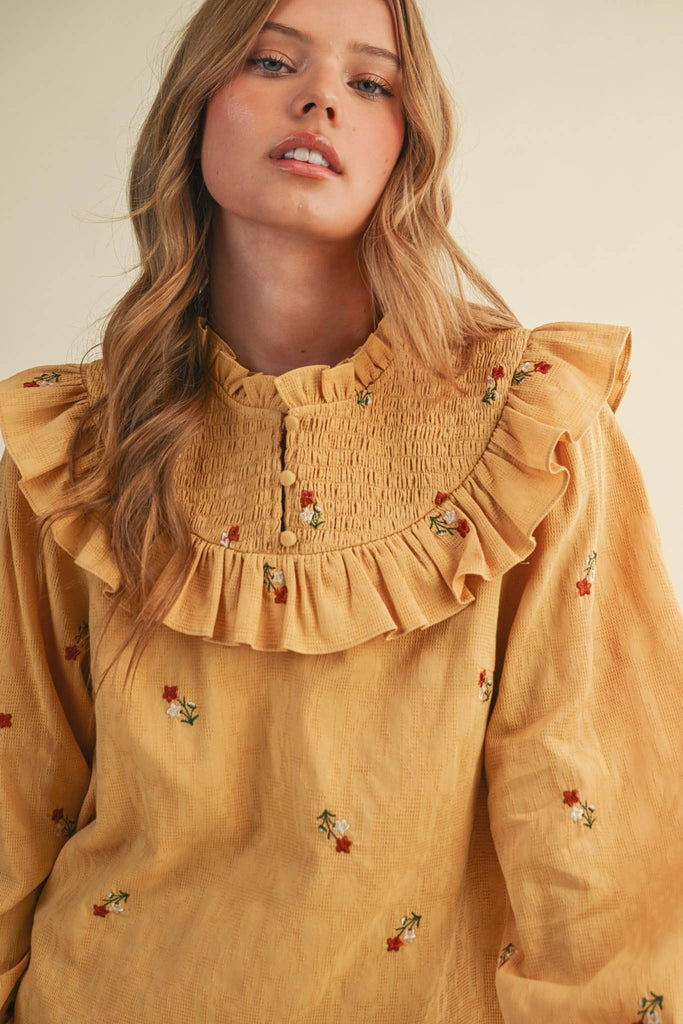 Smocked Yoke Embroidered Blouse