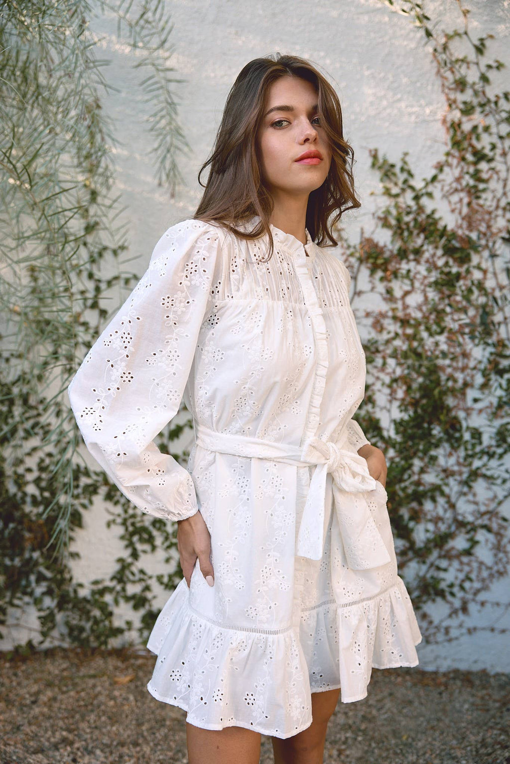 Ruffle Pintuck Dress With Tie