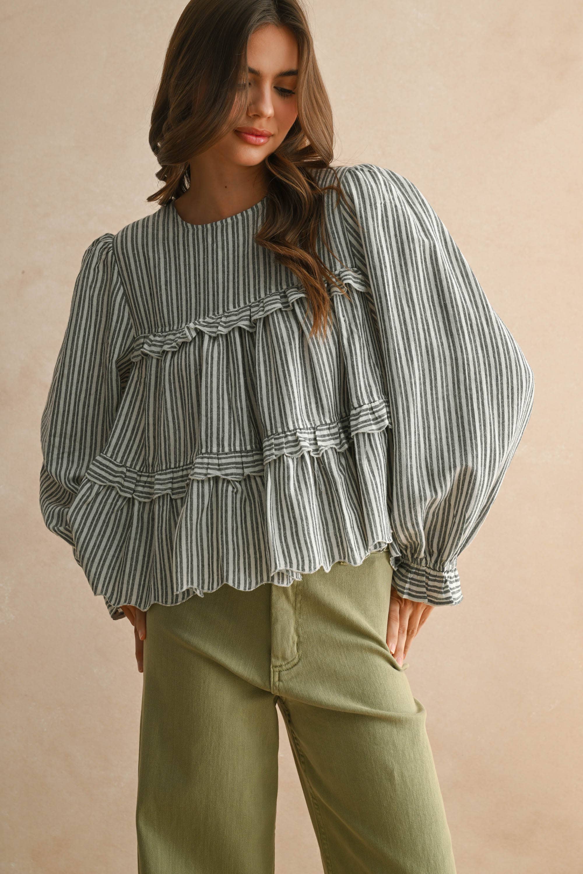 Striped Pattern Ruffle Detail Blouse