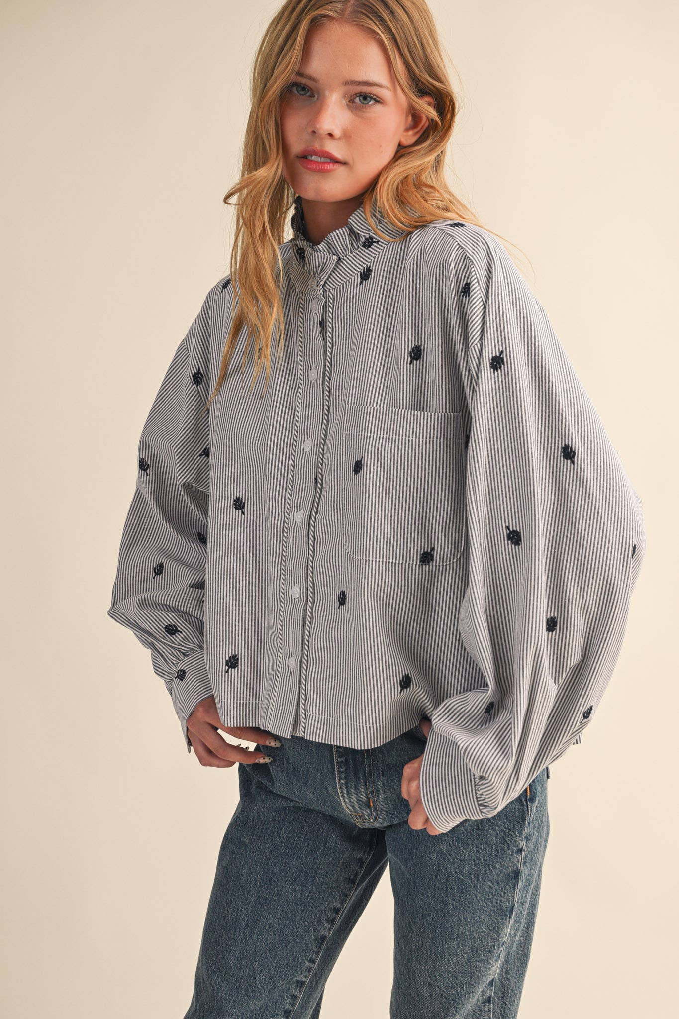 Embroidered Mock Neck Striped Button Up