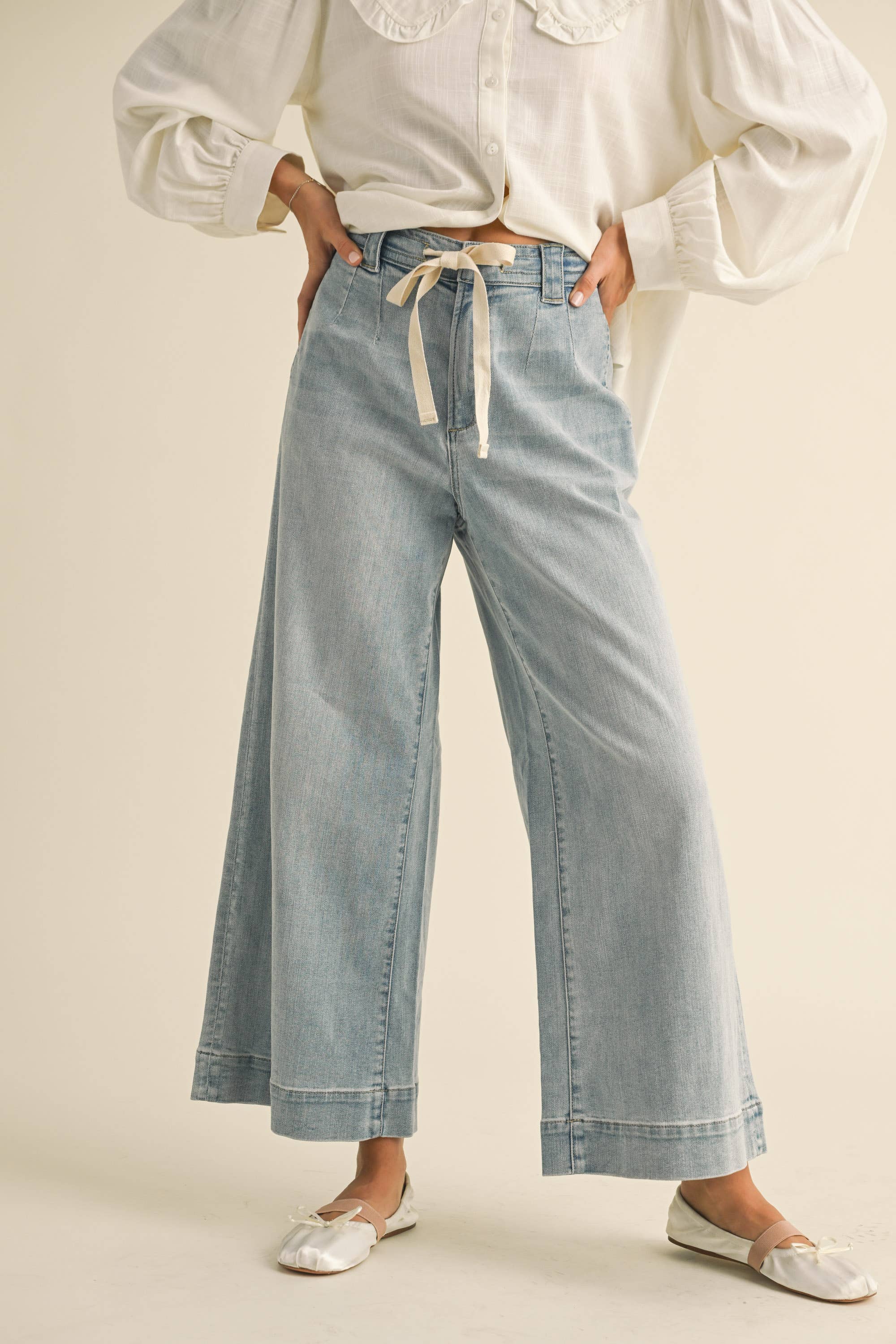Washed Denim Front Tie Pants