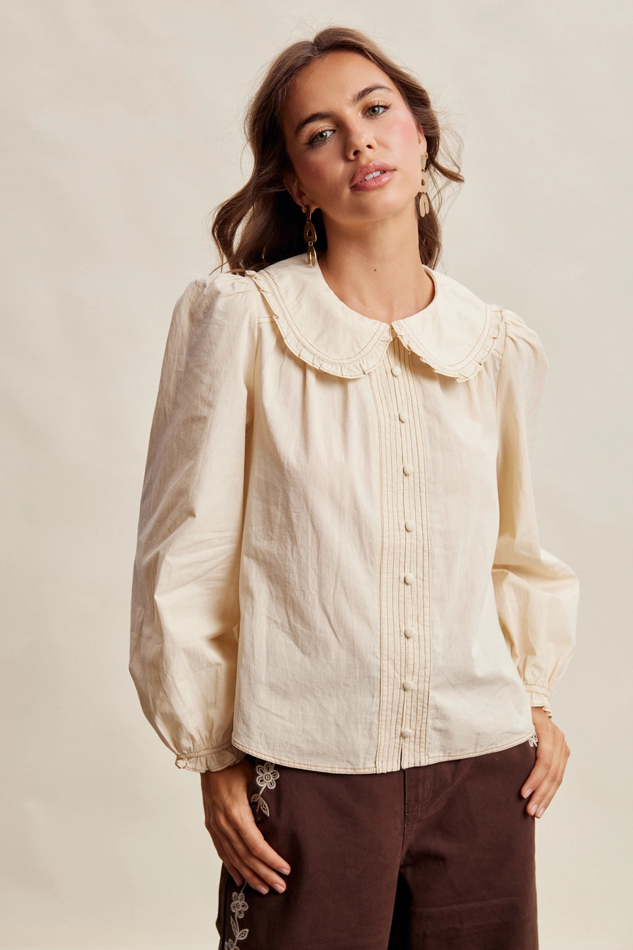 Contrast Stitch Ruffle Collar Blouse