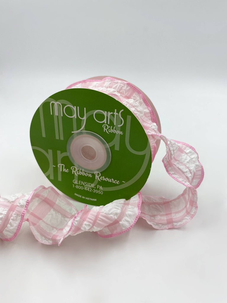 Pink & White Seersucker Plaid Ruffled Edge Ribbon