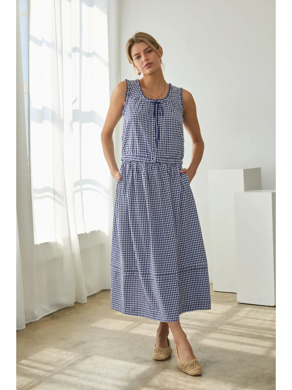 Gingham Front Button Sleeveless Top