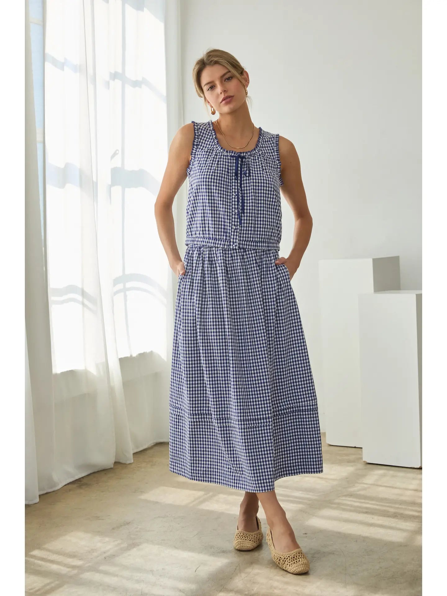 Gingham Front Button Sleeveless Top