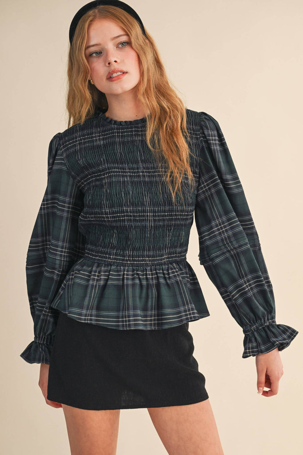 Smocked Plaid Puff Sleeve Peplum Top
