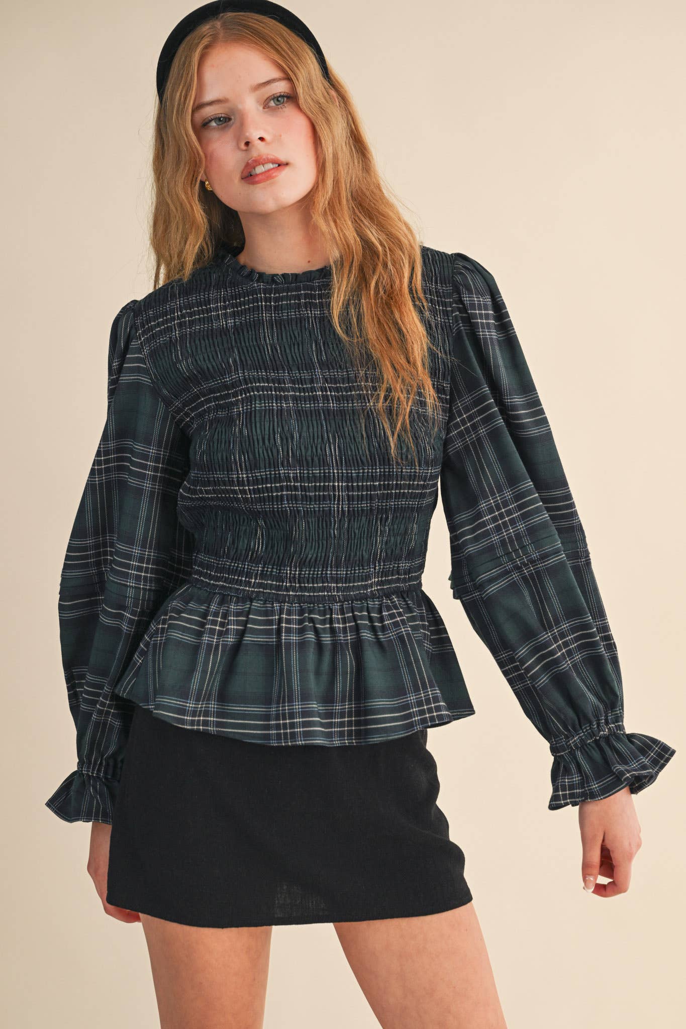 Smocked Plaid Puff Sleeve Peplum Top