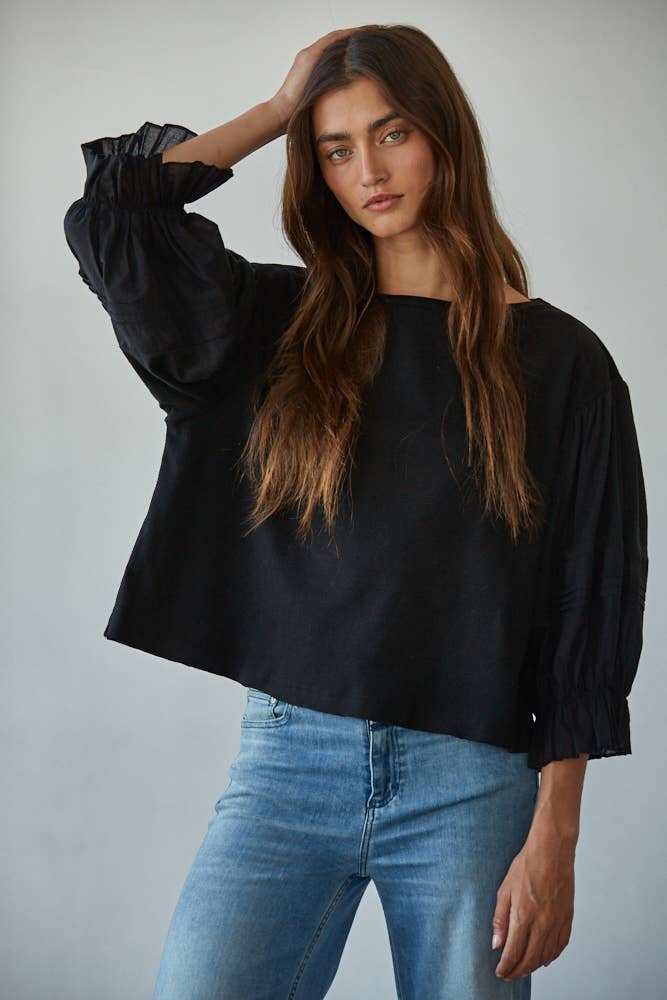 Quarter Balloon Sleeve Top with Pleat Detail