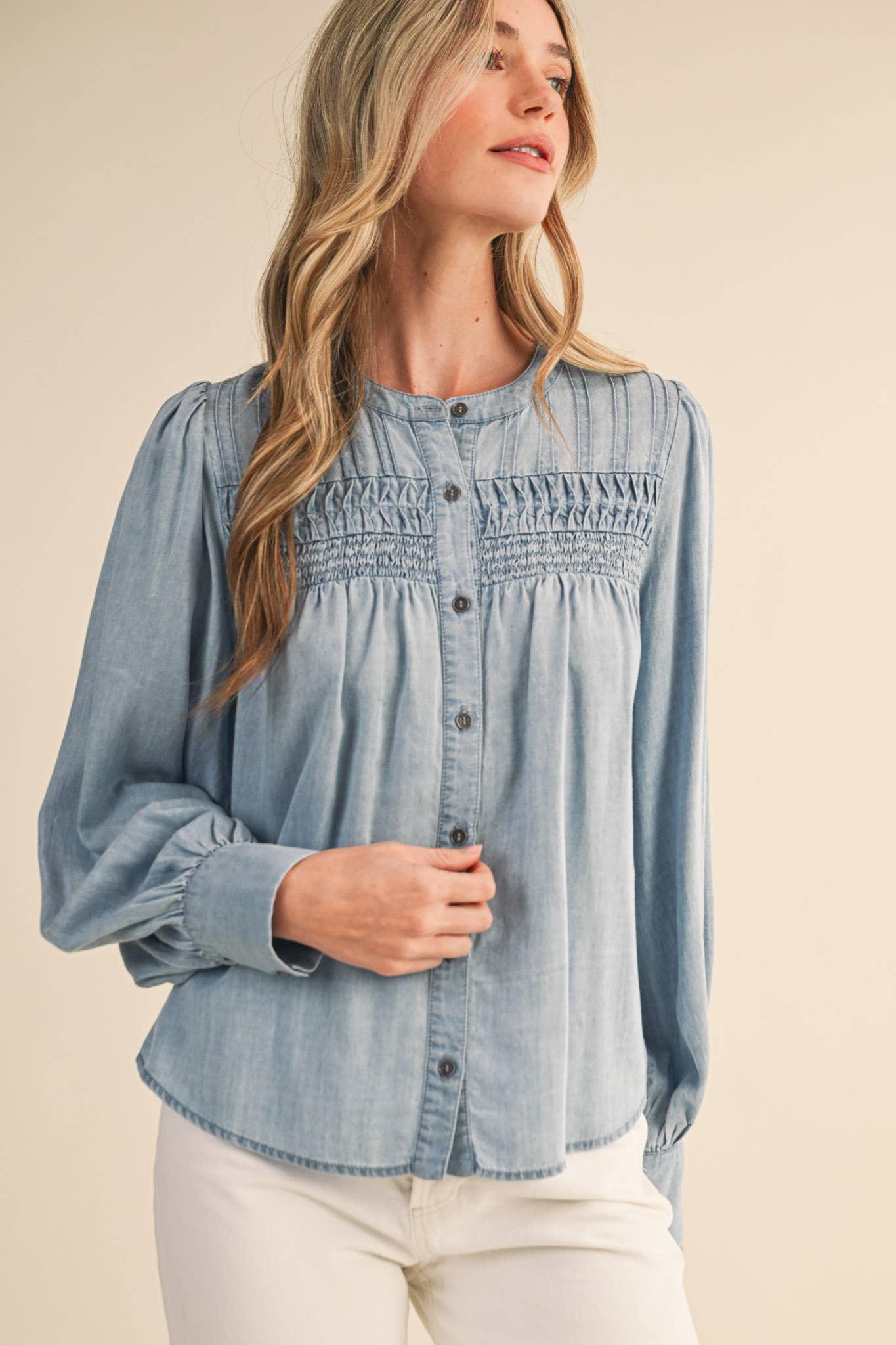 Chambray Pintuck Detail Button Down Top
