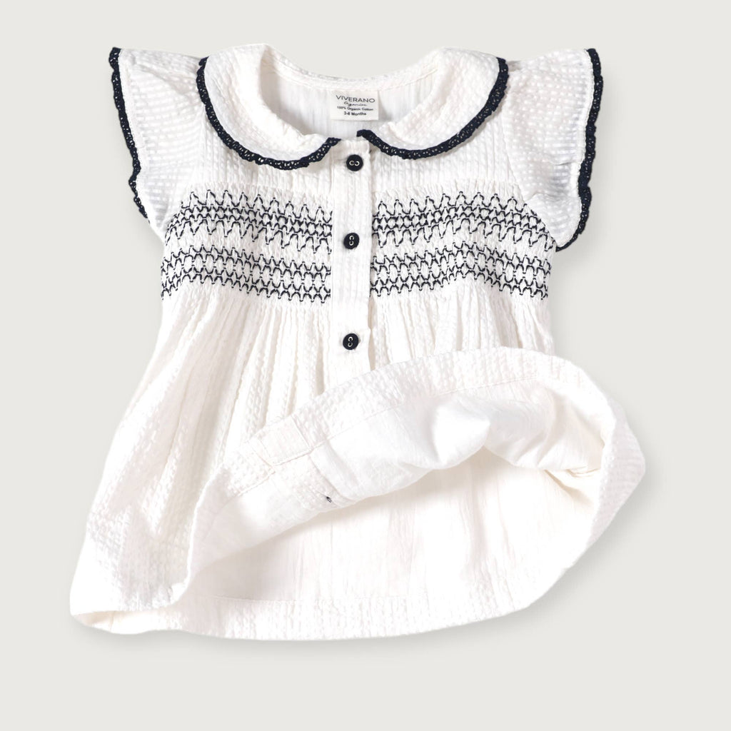 Celine White Seersucker Smocked Baby Dress + Bloomer Organic