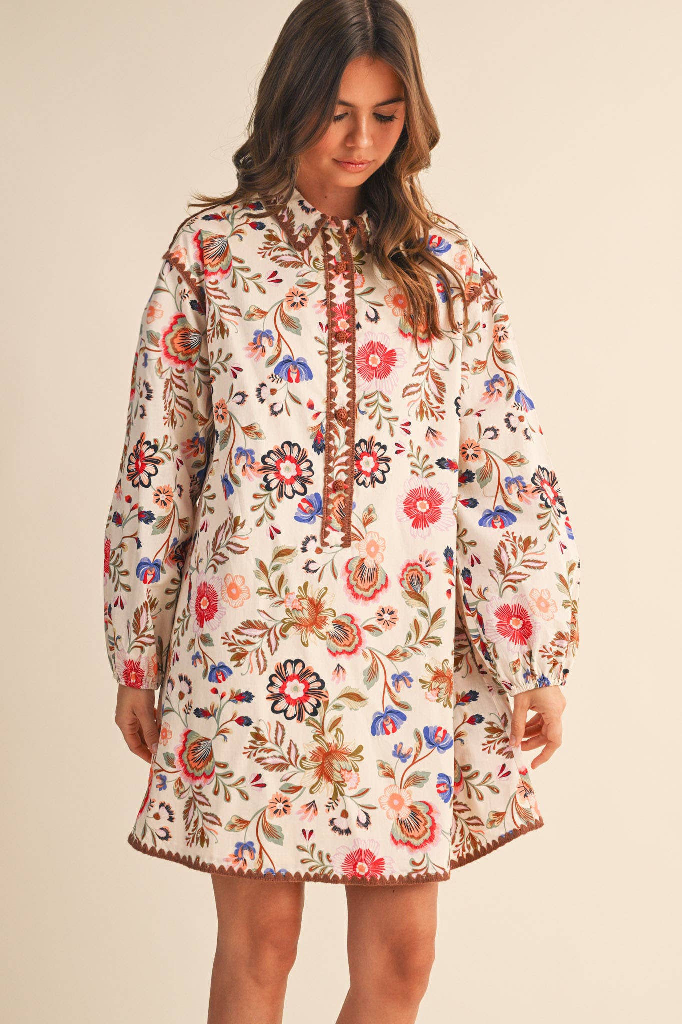 Blanket Stitch Buttoned Floral Mini Dress