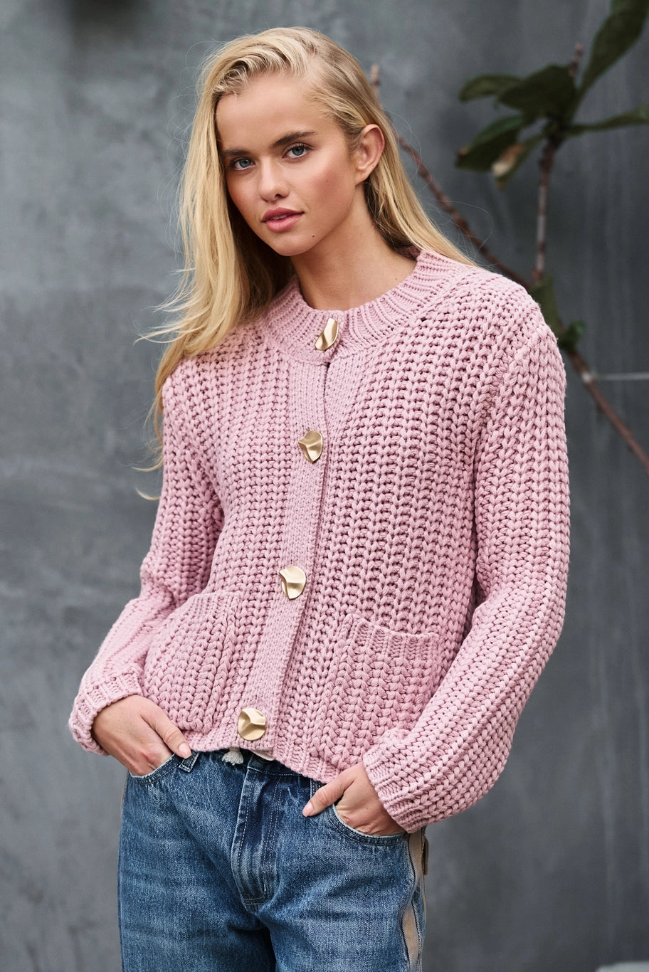 Chunky Gold Button Ribbed Knit Cardigan