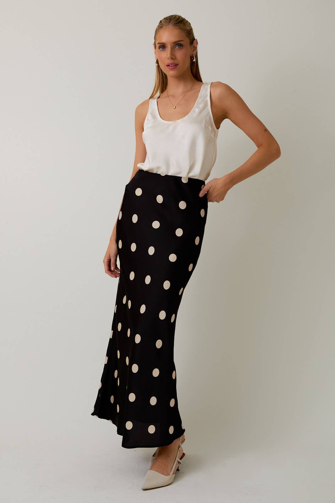 Polka Dot Satin Midi Skirt
