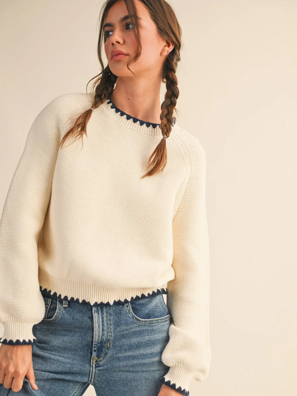 Contrast Stitch Puff Sleeve Sweater