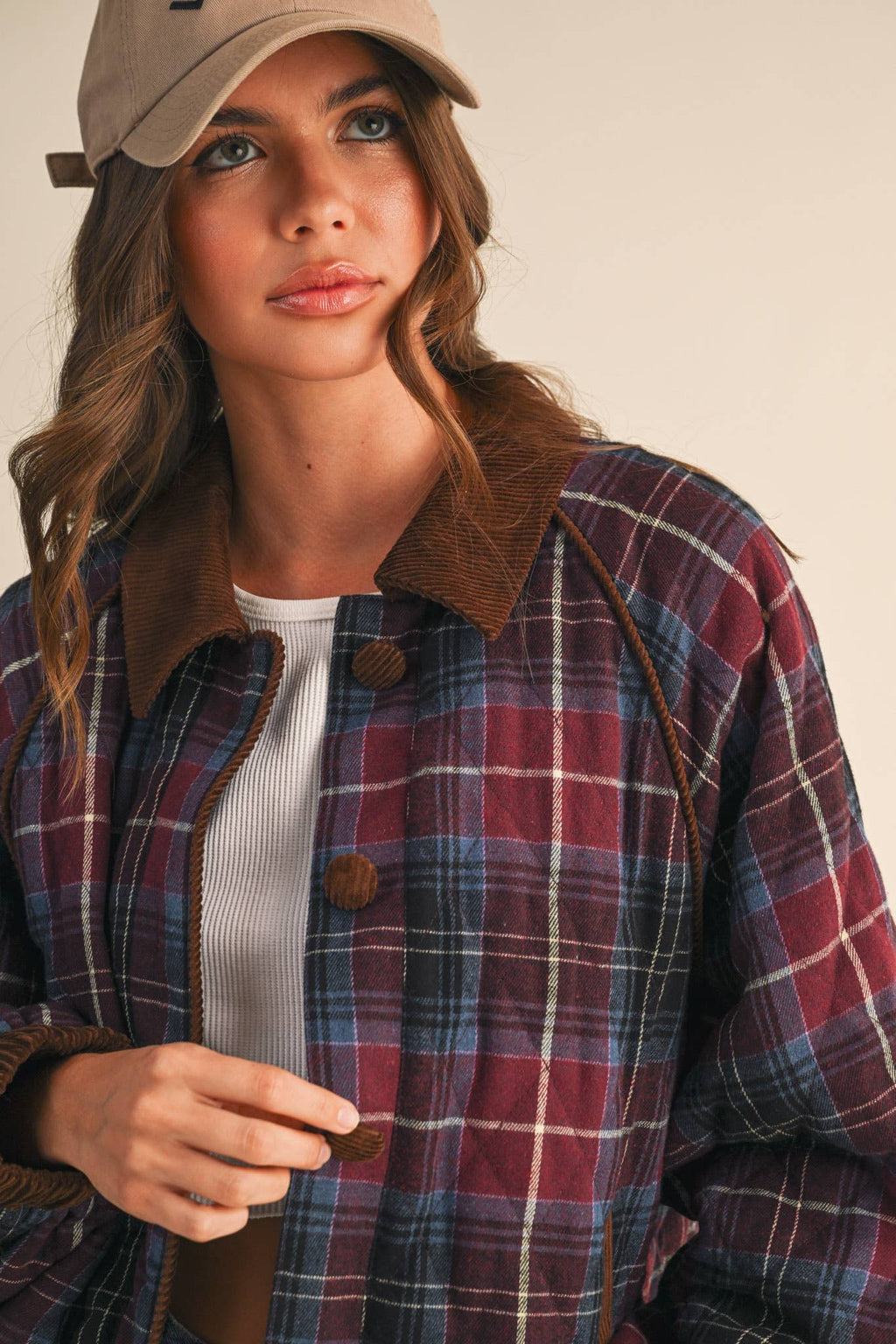 Plaid Quilted Jacket with Contrast Corduroy Detail