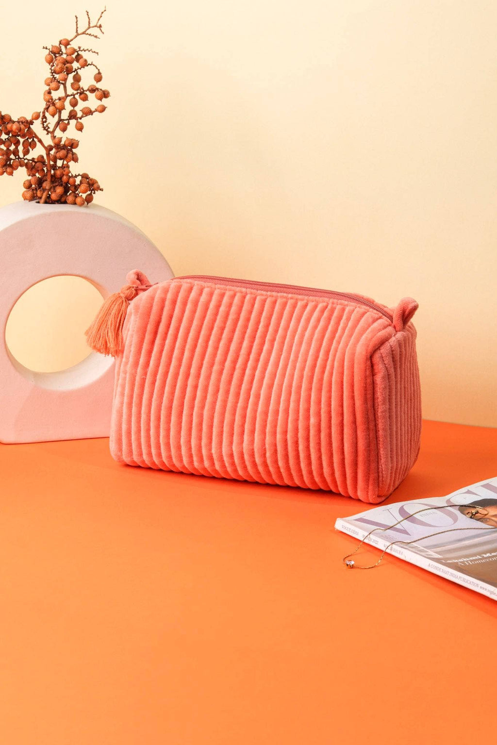 Salmon Velvet & Block Print Lined Cosmetic Pouch