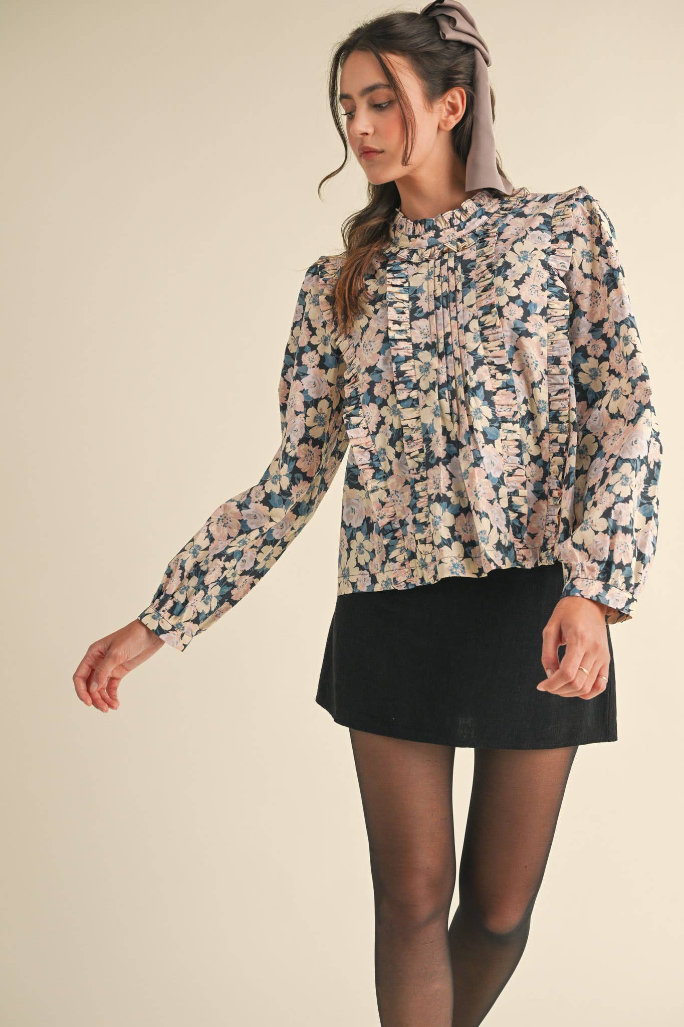 Pintuck Ruffled Floral Top