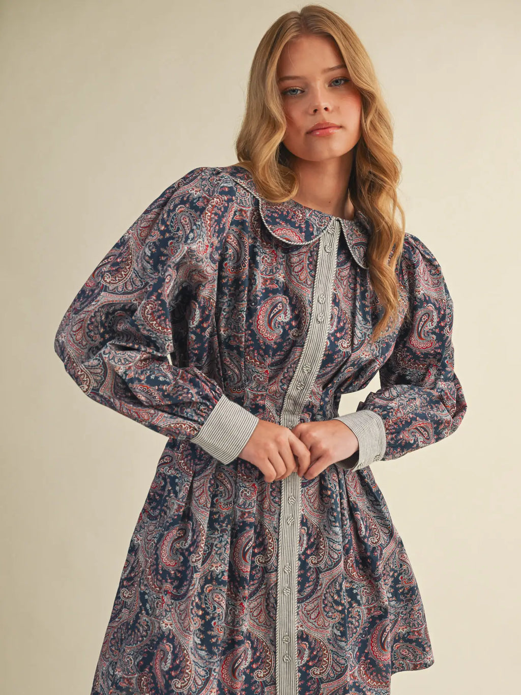 Paisley Pleated Waist Flared Mini Dress
