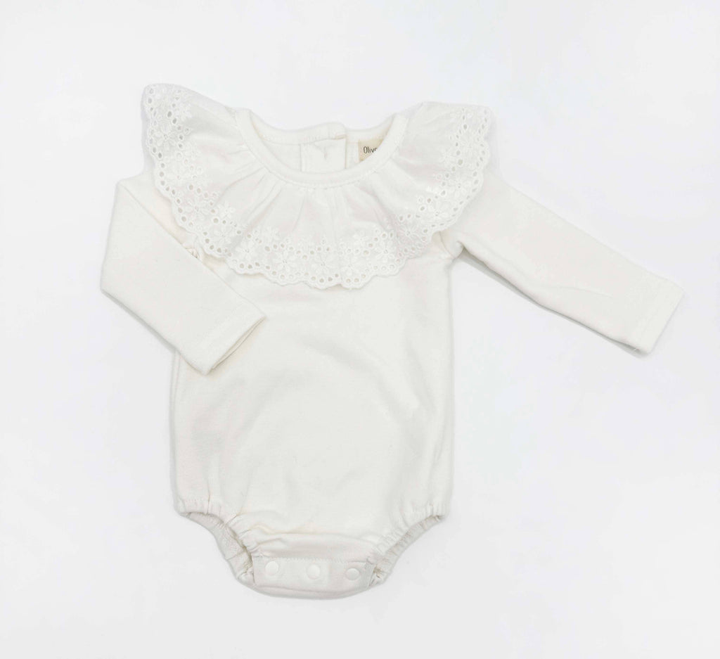 White Ruffle Collar Long Sleeve Bodysuit