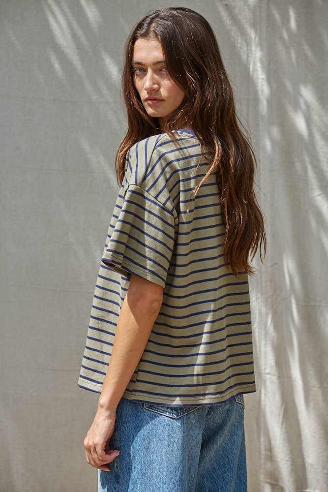 Striped Crew Neck Top in Natural Navy