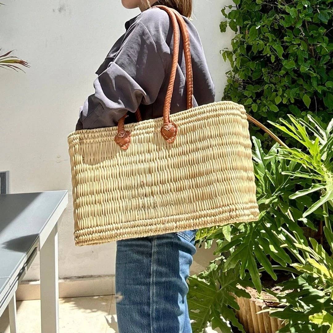 Reed Basket with Thick Leather Handles